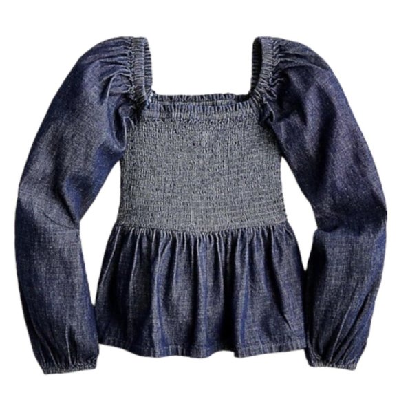 NWT J. Crew Puff-Sleeve Dark Blue Rinse Chambray Denim Smocked Top, size Large - Picture 8 of 8